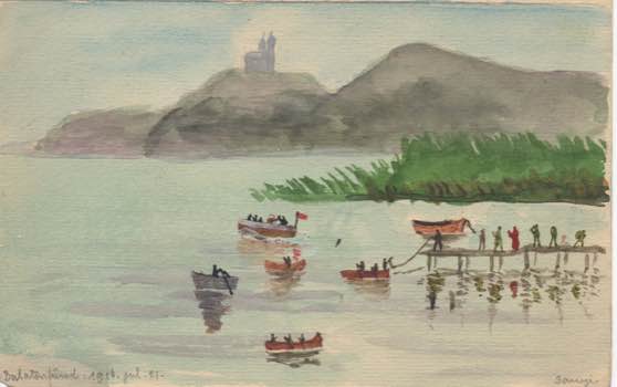 SV, 'Balatonfüred' with Tihany Abbey, 1916, 21 July (watercolour)